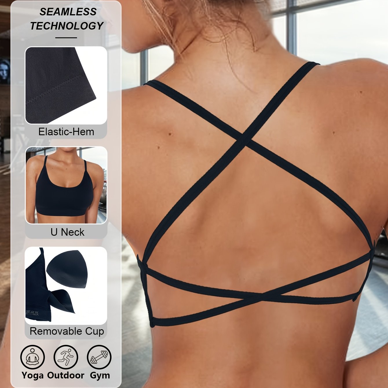High-Elastic Seamless Sports Bra with Breathable Cross Shoulder Straps for Yoga and Fitness