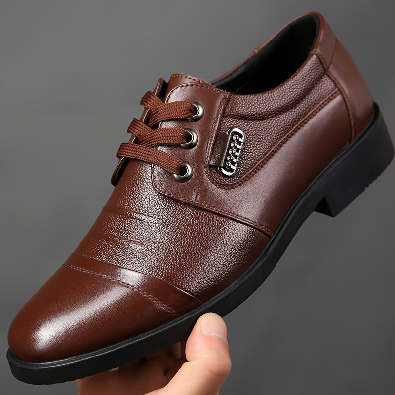 Men's Leather Derby Shoes with Slip-Resistant Rubber Sole and Round Toe