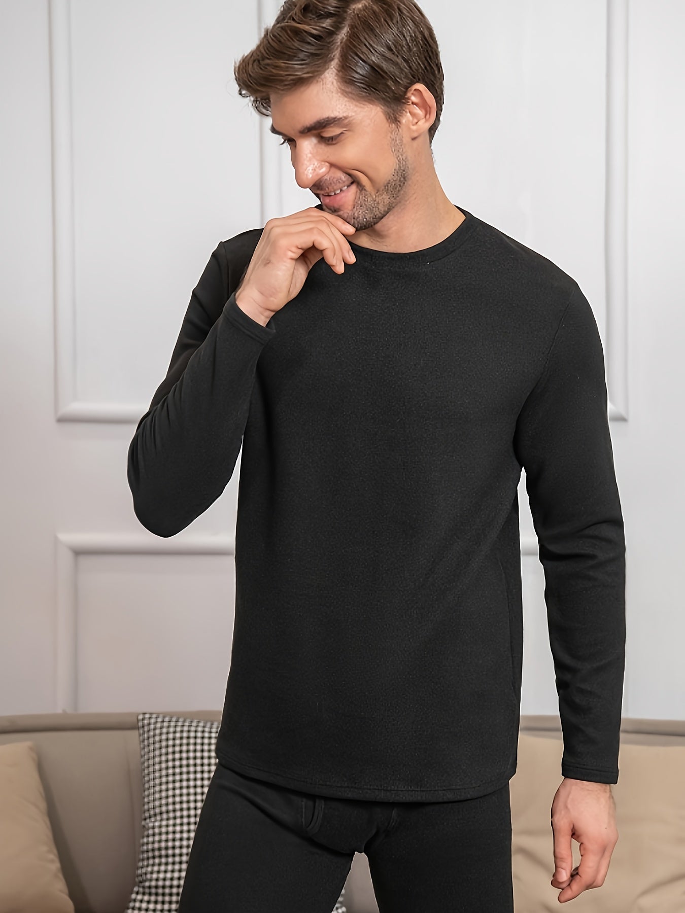 Men's Thermal Underwear Top High Elastic Warm Knit Fabric Fall Winter Solid Color