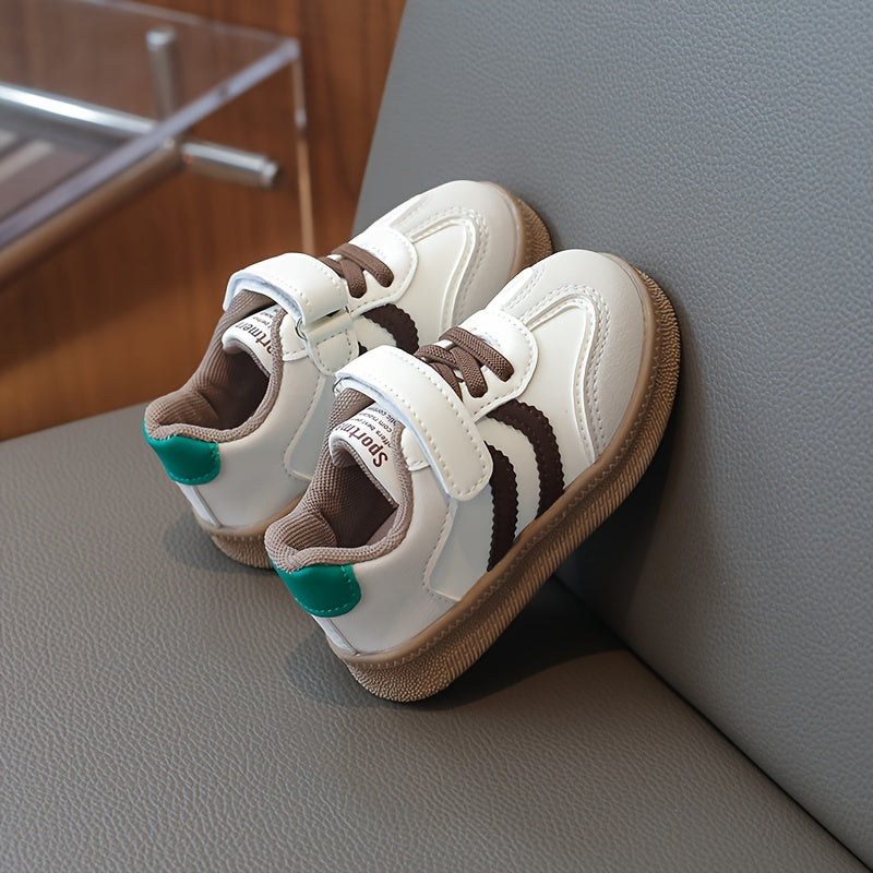 Kids Breathable Sneakers with Hook-and-Loop Closure, Soft Beige and White Soles for Casual Outdoor Wear