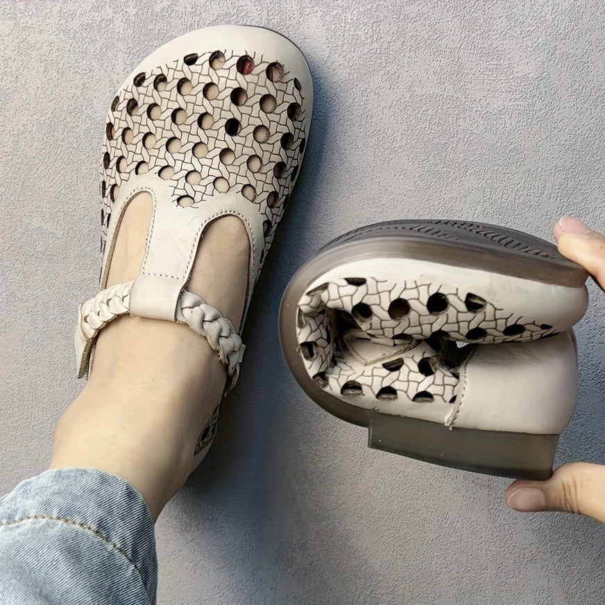 Women's Genuine Leather Mary Jane Flats with Adjustable T-Strap Breathable Summer Shoes