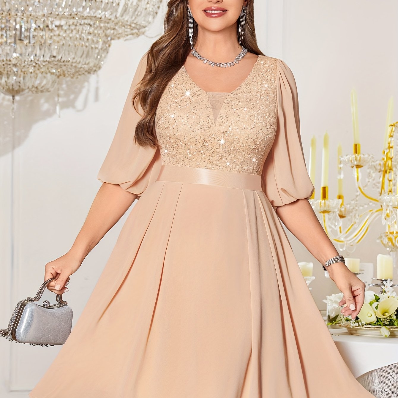 Vestido de mujer de talla grande con mangas farol y detalles de lentejuelas en escote en V