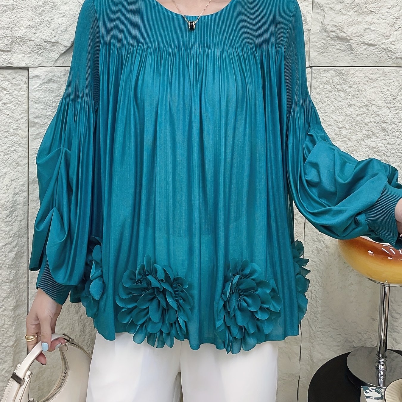 Women's Oversized Pleated Blouse with Floral Applique Light Blue Long Sleeve