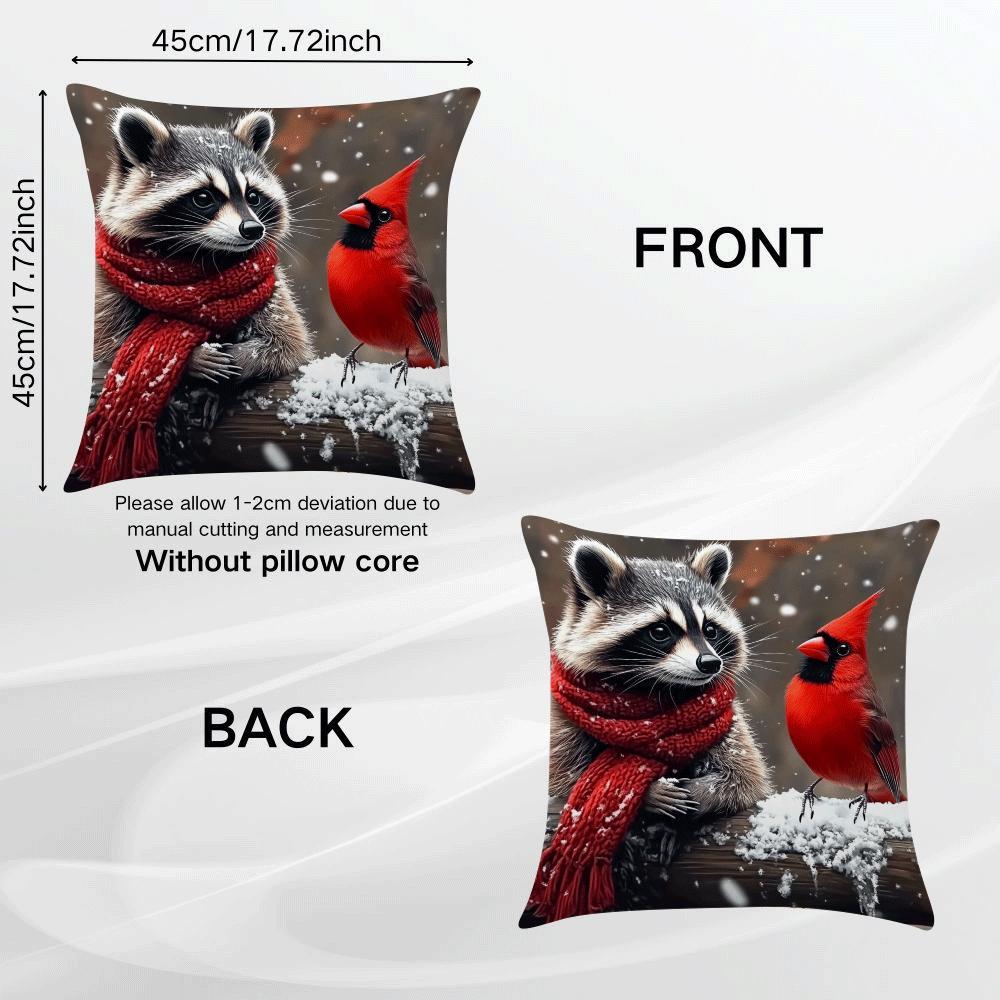 Decorative Raccoon and Cardinal Throw Pillow Cover Polyester Cartoon Style Machine Washable