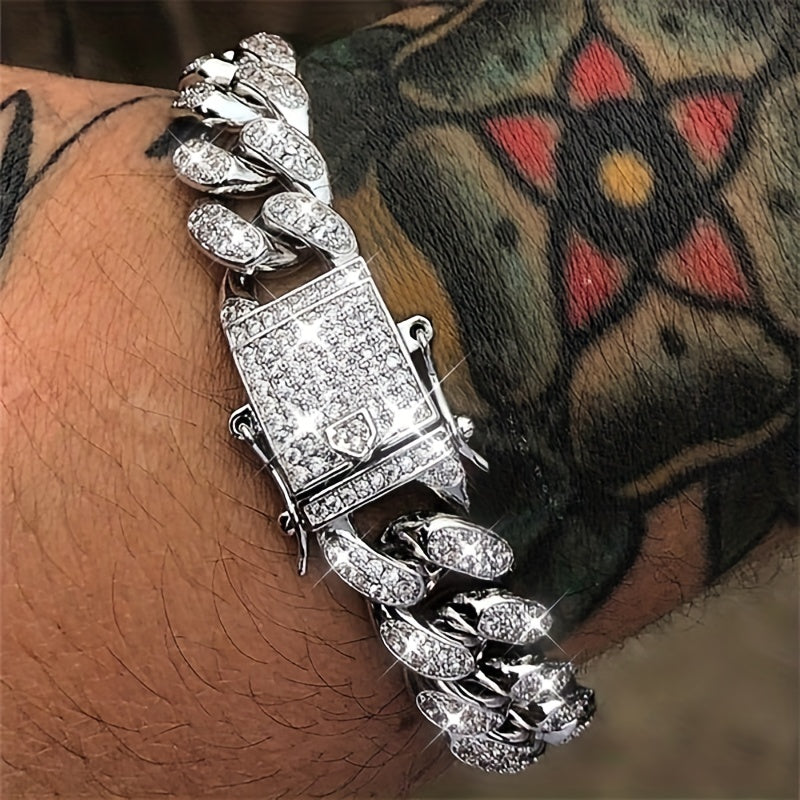 Men's Charm Bracelet Cuban Chain Zirconia Stones 12mm Hip Hop Style