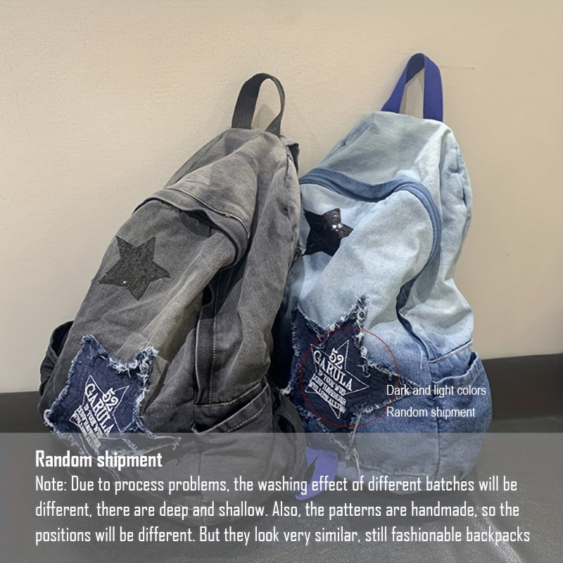 Yuvilgan Gradient Denim Elka Sumkasi, Qizil Yulduz Patch bilan, Ayollar uchun Katta Hajm