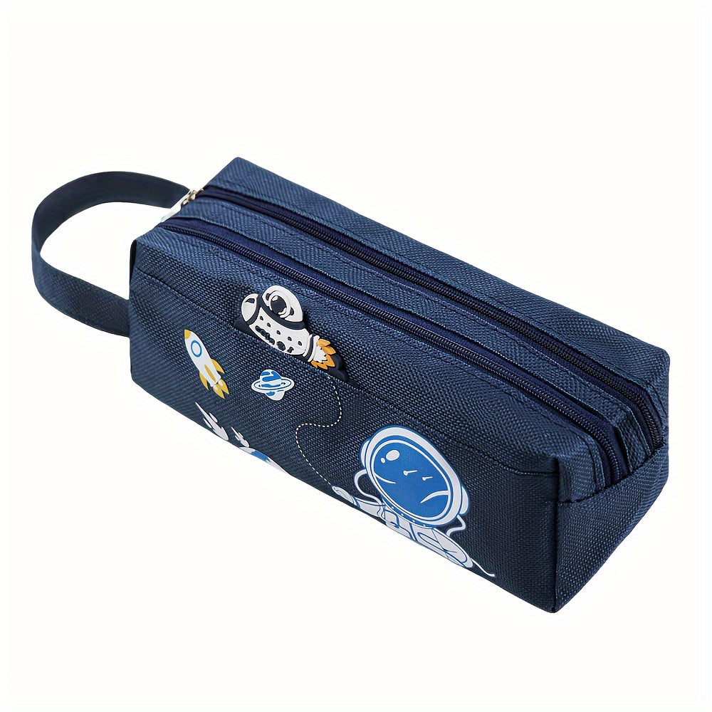 Space Astronaut Cartoon Animal Canvas Double-Layer Pencil Case for School Supplies