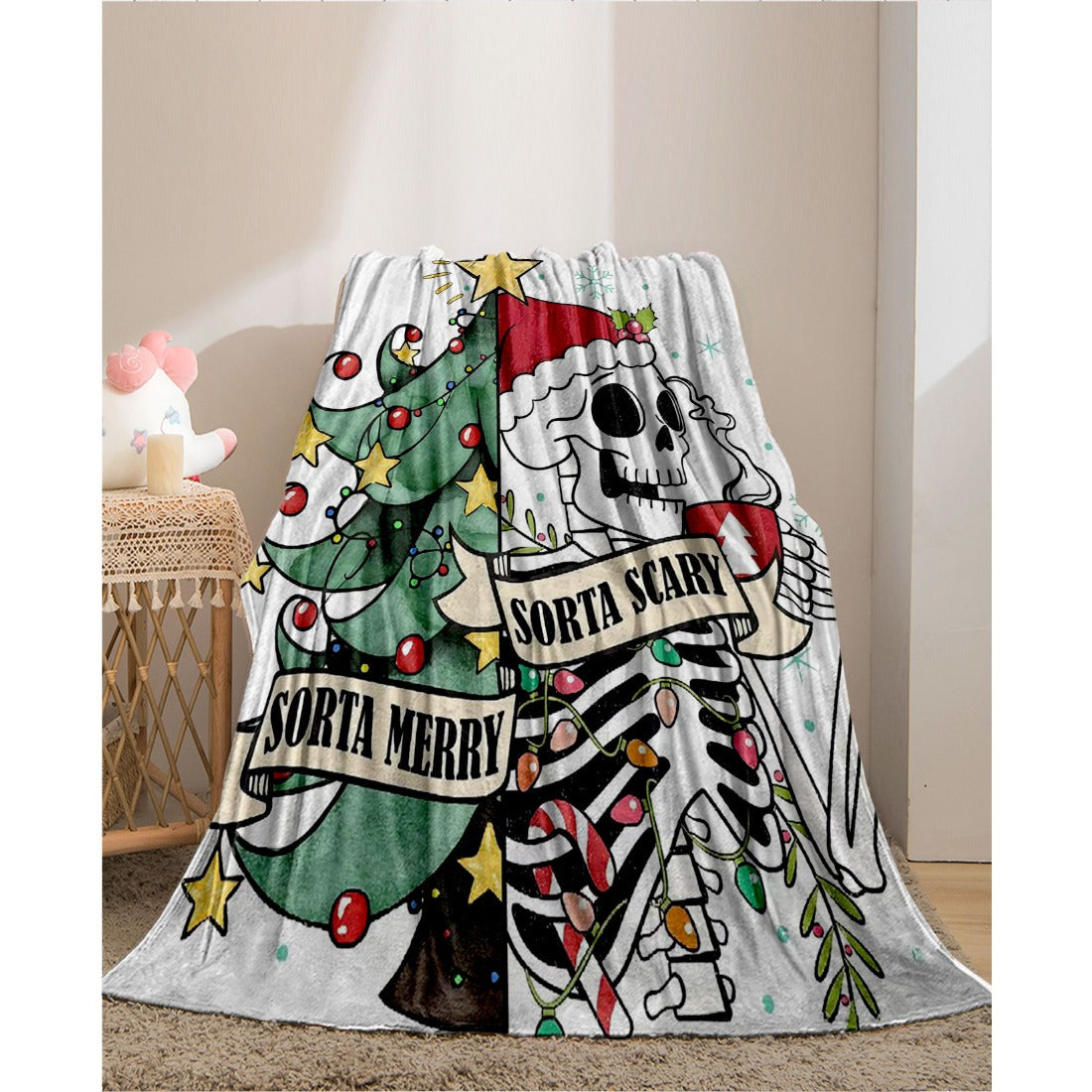 Festive Skull Santa and Christmas Tree Fleece Blanket Soft Thick Flannel Throw Multicolored