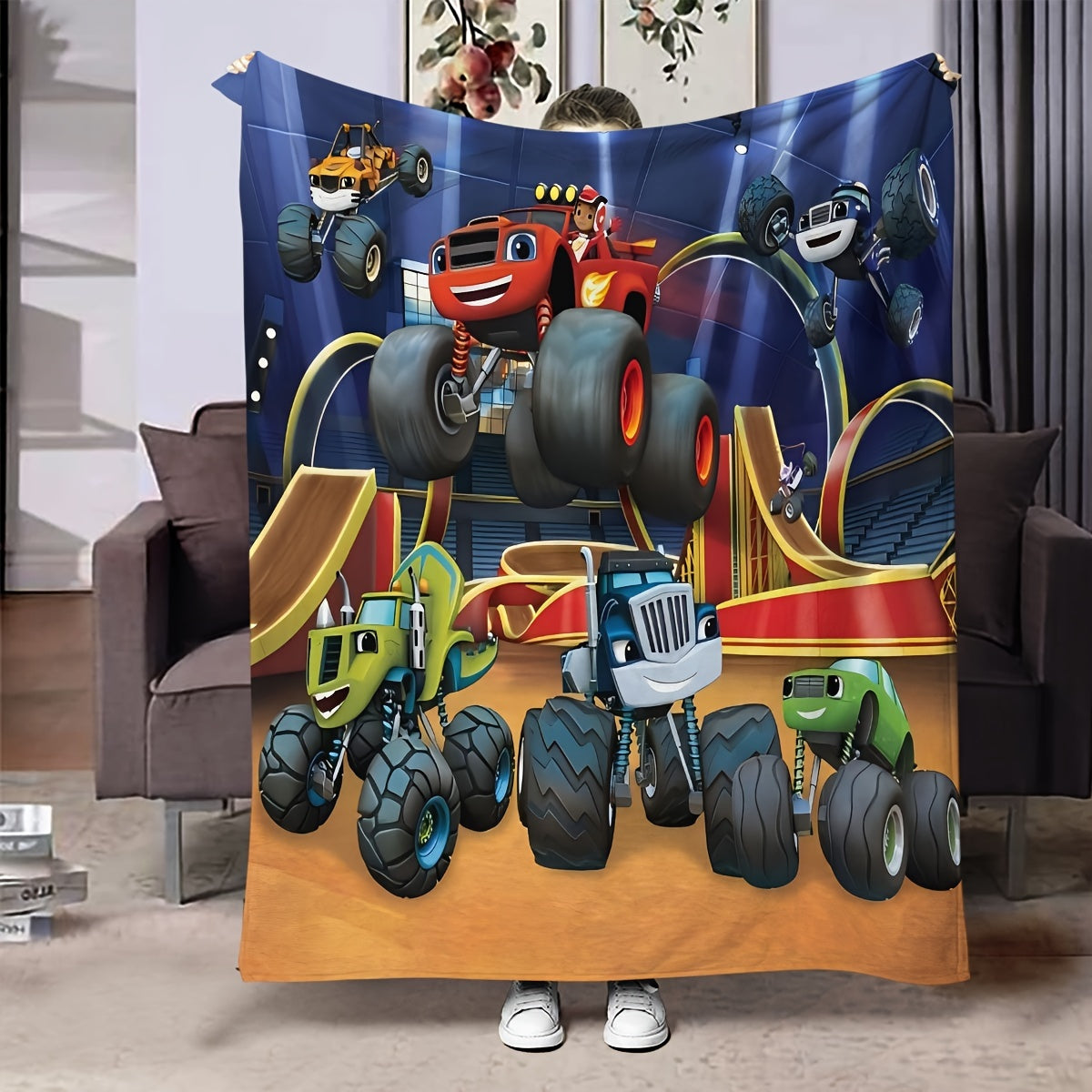 Monster Truck Flannel Fleece Throw Blanket Cartoon Design Hypoallergenic Easy to Clean Versatile Bedding