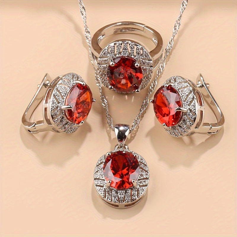 Silver-Plated Bridal Jewelry Set with Cubic Zirconia Necklace Earrings Rings 4 Piece