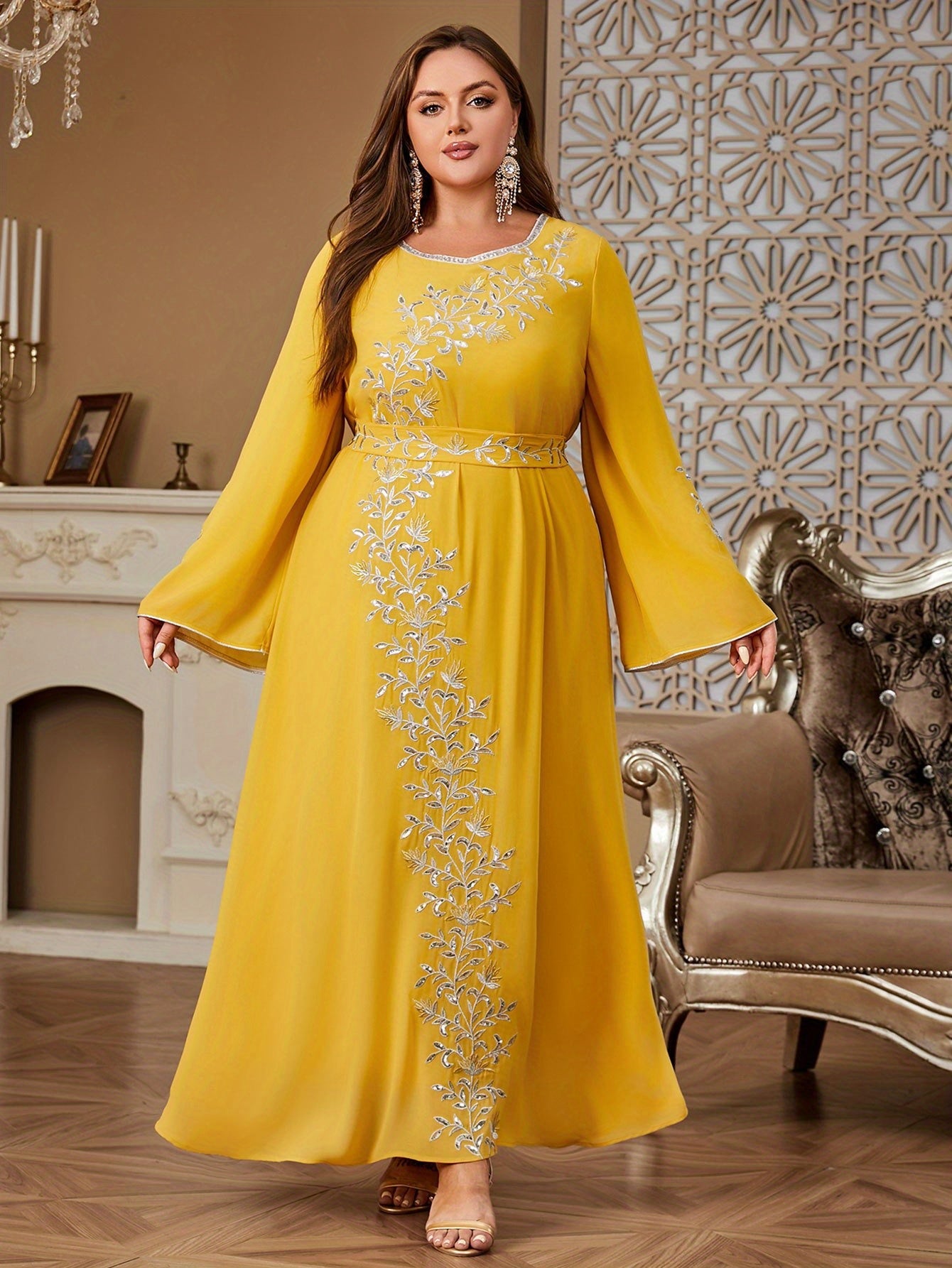 Plus Size Embroidered Kaftan Dress Navy Blue Golden Floral Formal Evening Gown