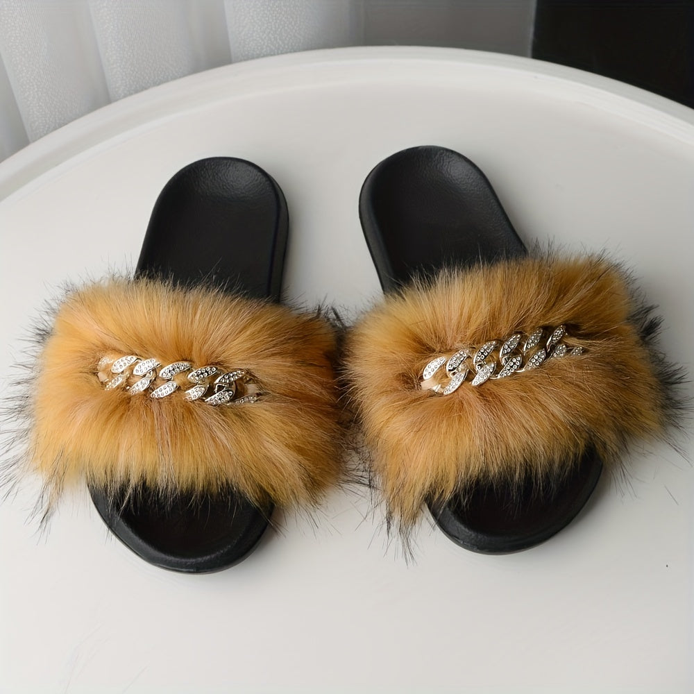 Women's Rhinestone Chain Flat Sandals Faux Fur Summer Casual Slides