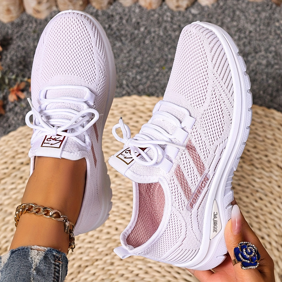 Women Plus Size Breathable Mesh Sneakers Lightweight Running Shoes White Pink