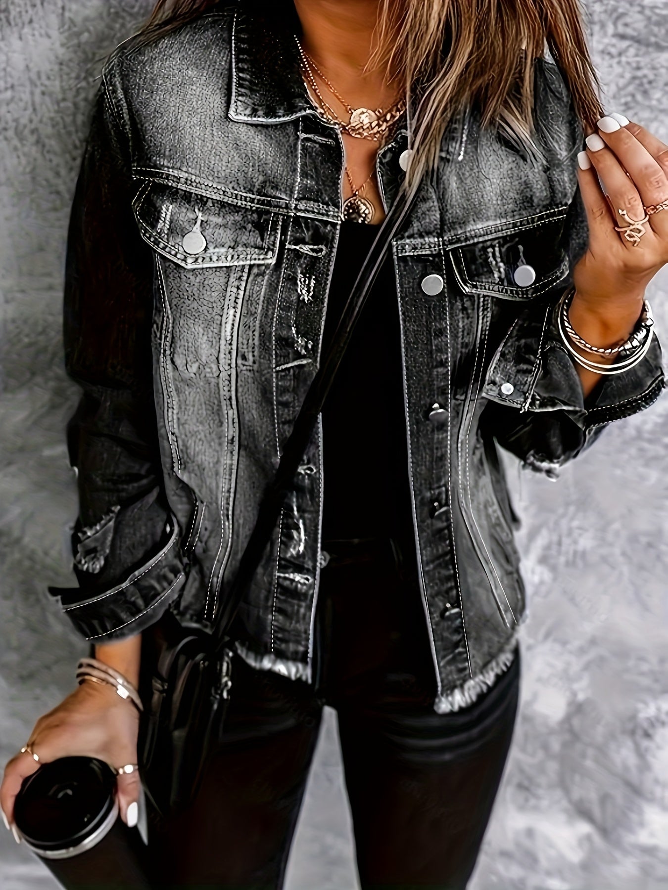 Chaqueta de mezclilla para mujer de talla grande, lavado negro, ropa exterior casual