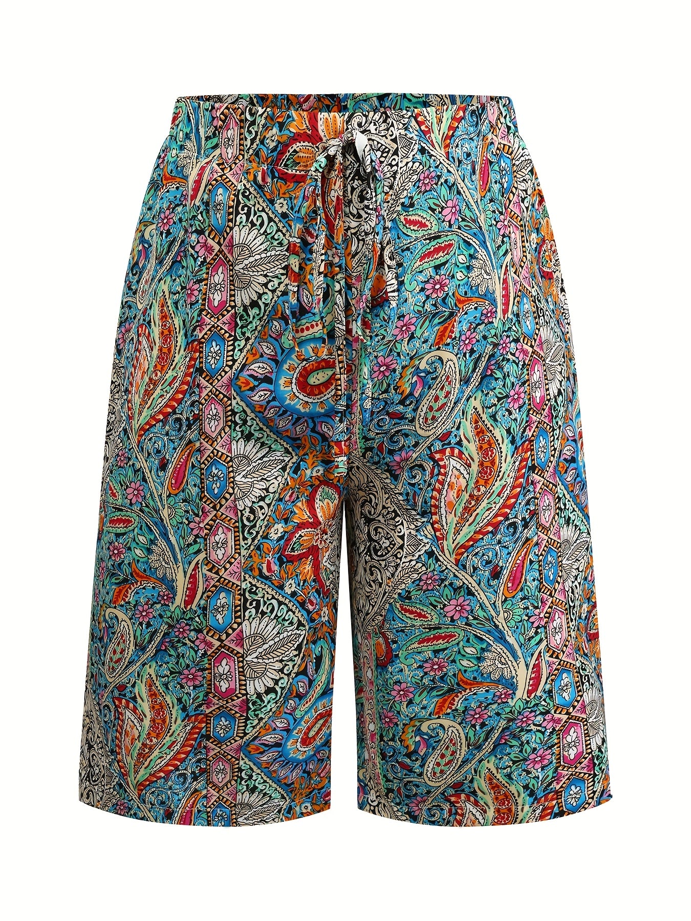 Women's Plus Size V-Neck Printed Casual Shorts Tie Waist Polyester Summer Beachwear