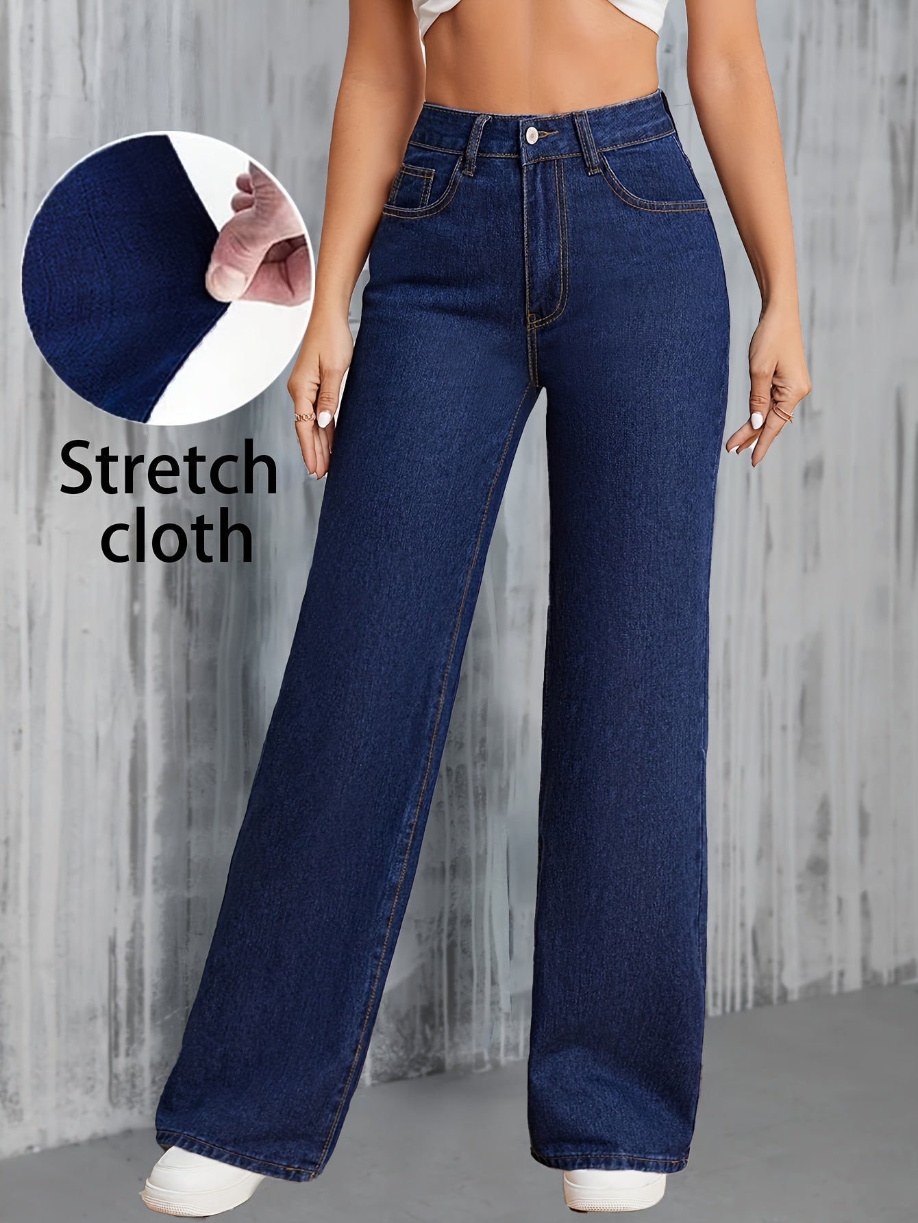 Women’s High-Waisted Wide Leg Denim Jeans Solid Color Casual Pants