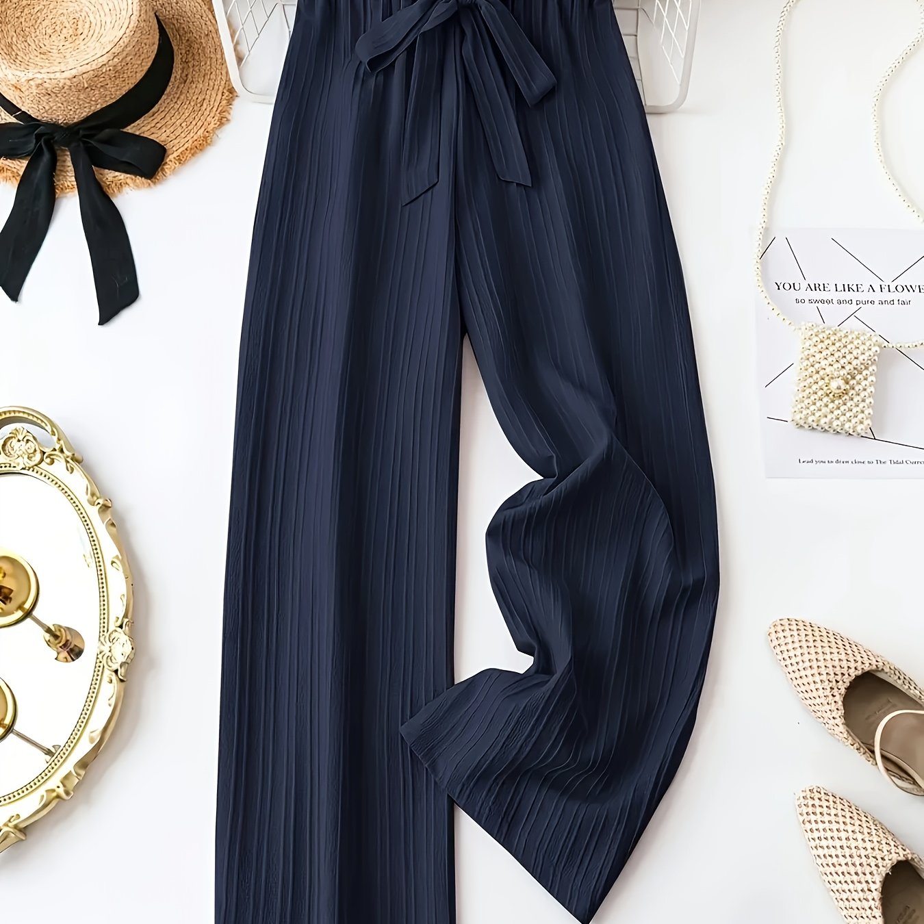 Pantalones de pierna ancha para mujer con cintura de lazo, color sólido, poliéster no elástico para primavera, verano y otoño