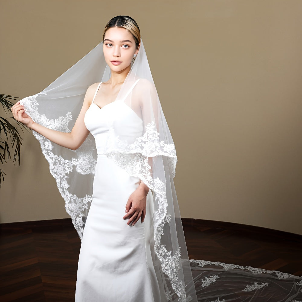 Velo de encaje para novia con diseño de doble capa y cola extendida, velo de boda para mujeres