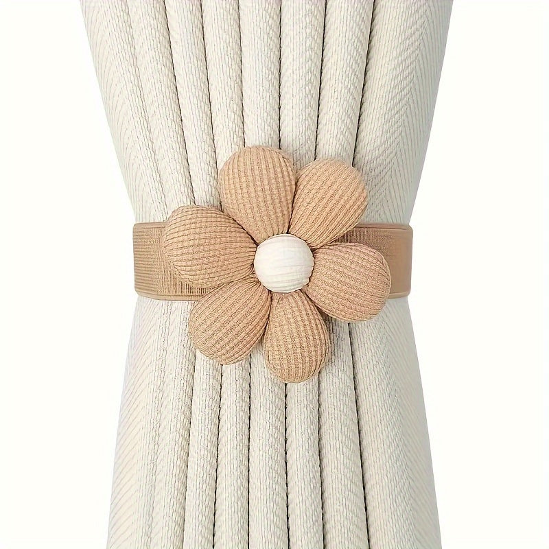 Set of 2 Contemporary Flower Holdbacks with Hidden Button Polyester Tiebacks for Drapery