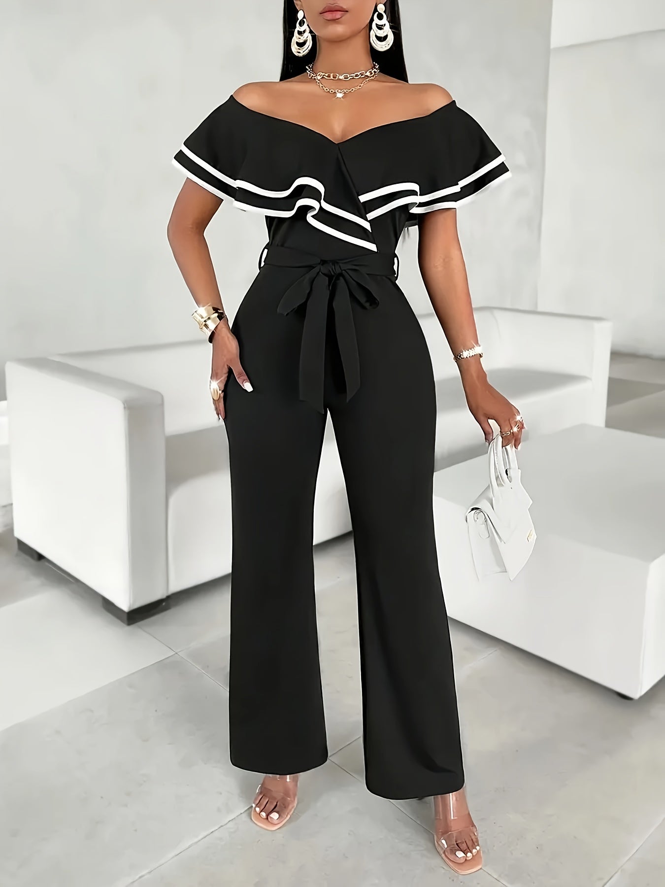 Women's Plus Size V-Neck Ruffle Sleeve Color Block Jumpsuit Black White