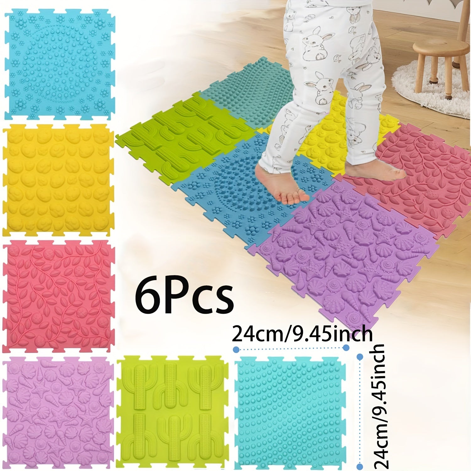 Set of 6 Interlocking Foam Puzzle Floor Mats with Edging Soft Anti-Slip Play Area Rug Square Tiles
