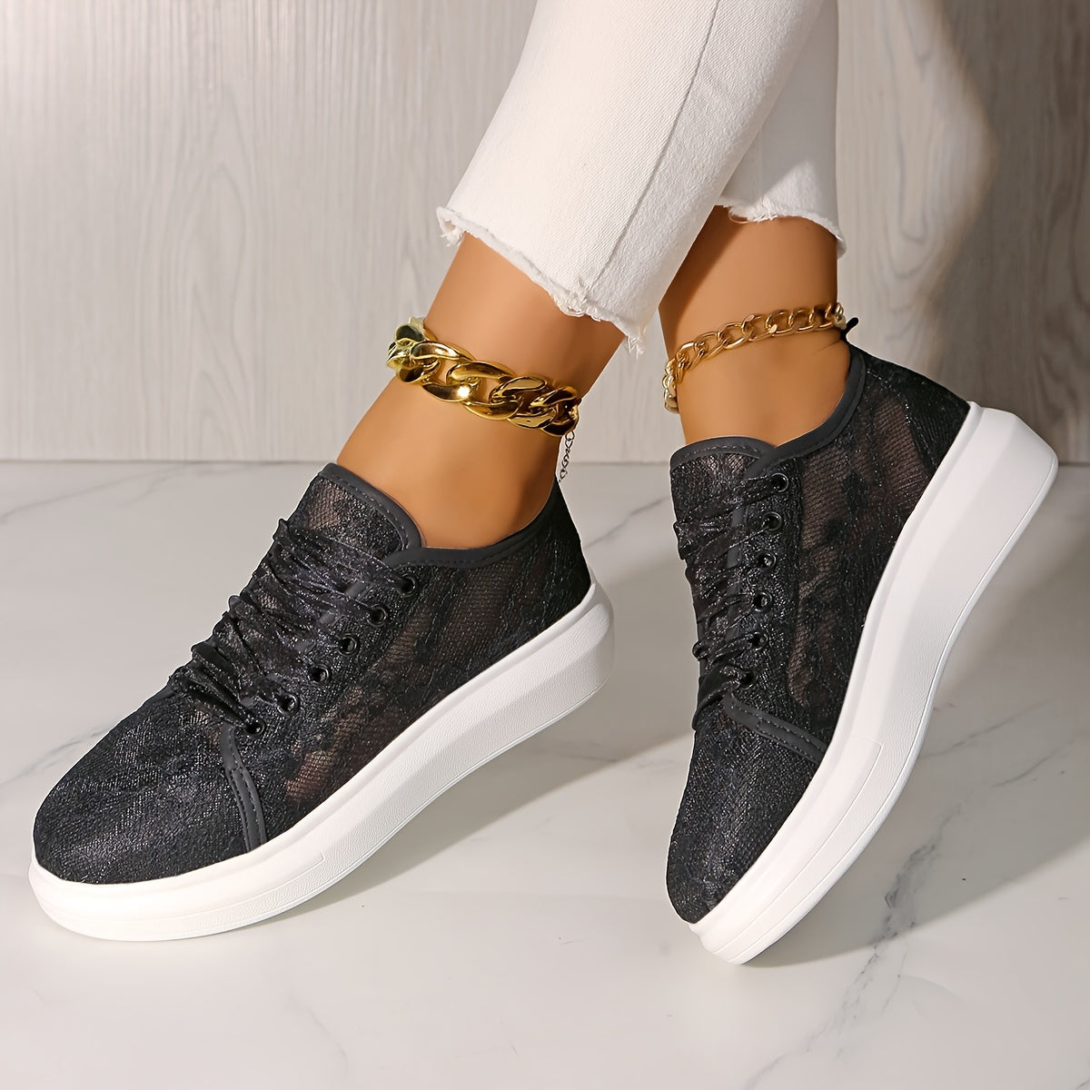 Women's White Floral Lace Mesh Breathable Sneakers for Walking and Travel