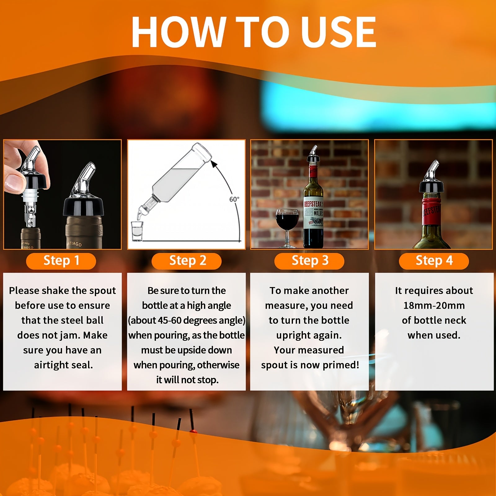 Two 1oz Alcohol Pourers for Tequila Whiskey and Cocktails Barware Accessories