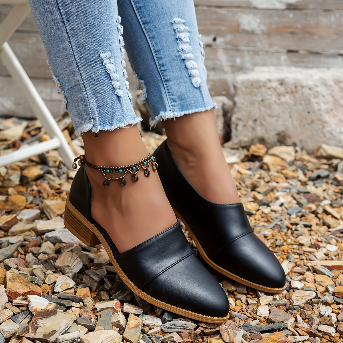 Women's Patchwork Low Heel Pumps with Chunky Heel and Side Cutouts