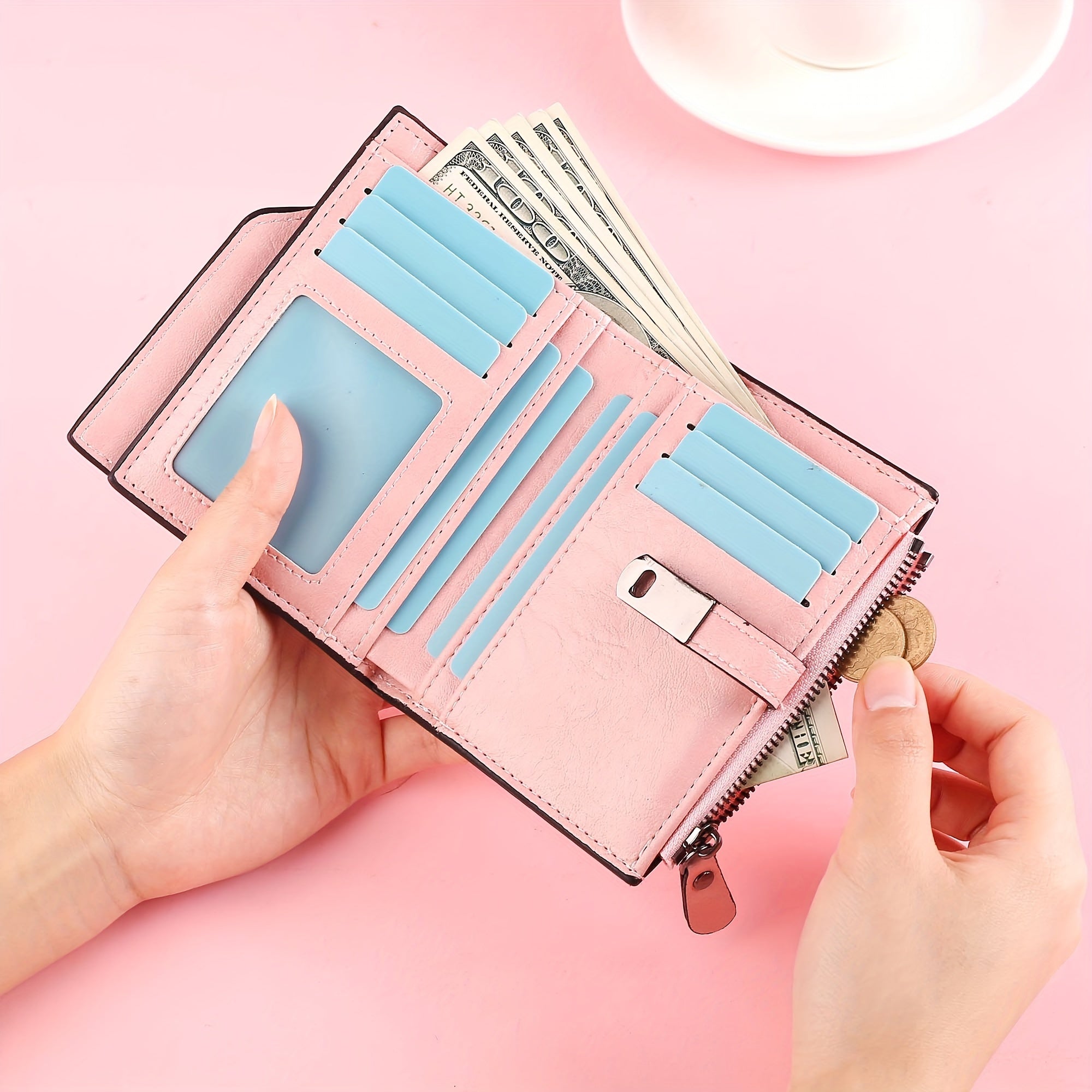 Компактный кожаный кошелек для женщин с застежкой-молнией для монет и несколькими слотами для карт