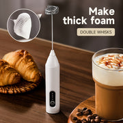 Electric Milk Frother USB Rechargeable Dual Whisk Foam Maker for Latte Macchiato Coffee White