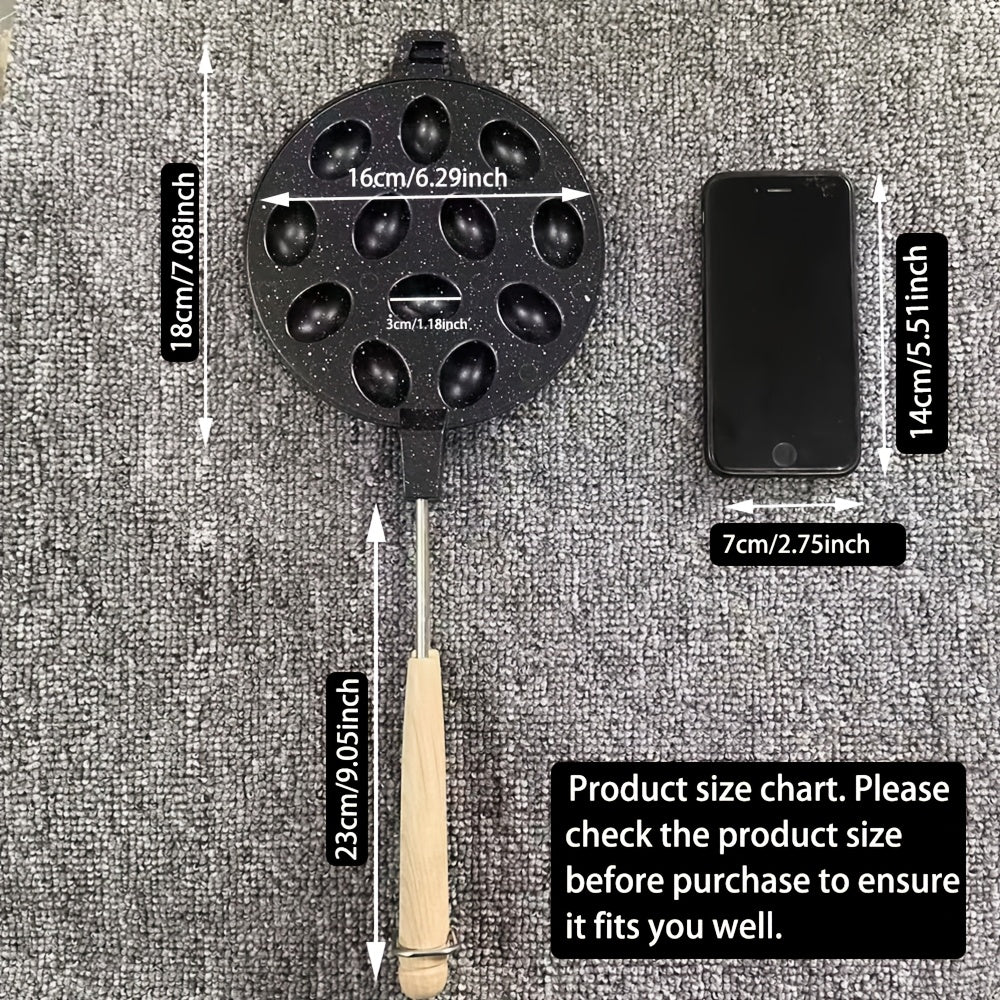 12-Cavity Non-Stick Baking Mold Pan with Wooden Handle for Waffles Cakes and Pancakes