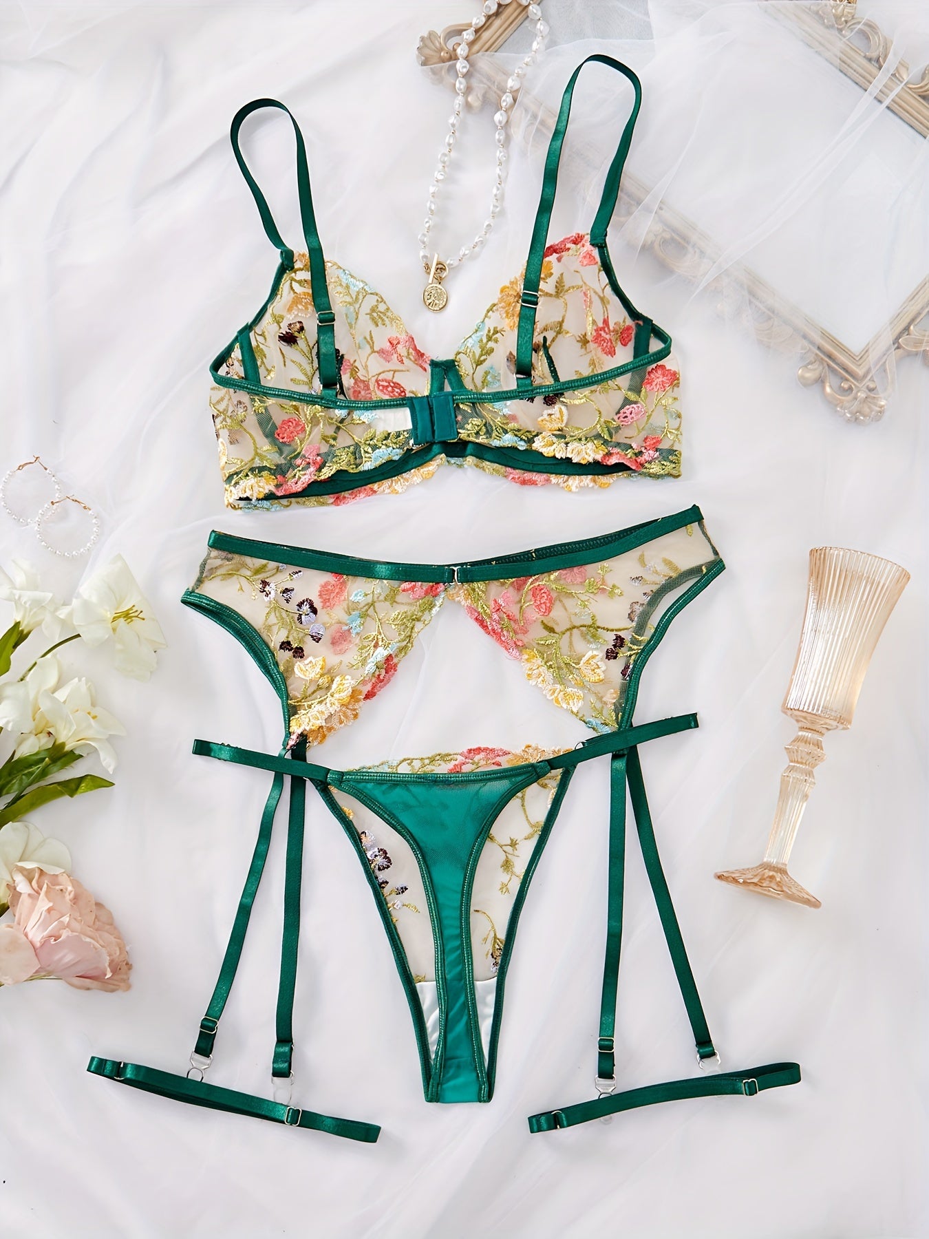 Women's Lingerie Set with Semi-Sheer Mesh Flower Pattern and Hanging Leg Straps Bra and Thong