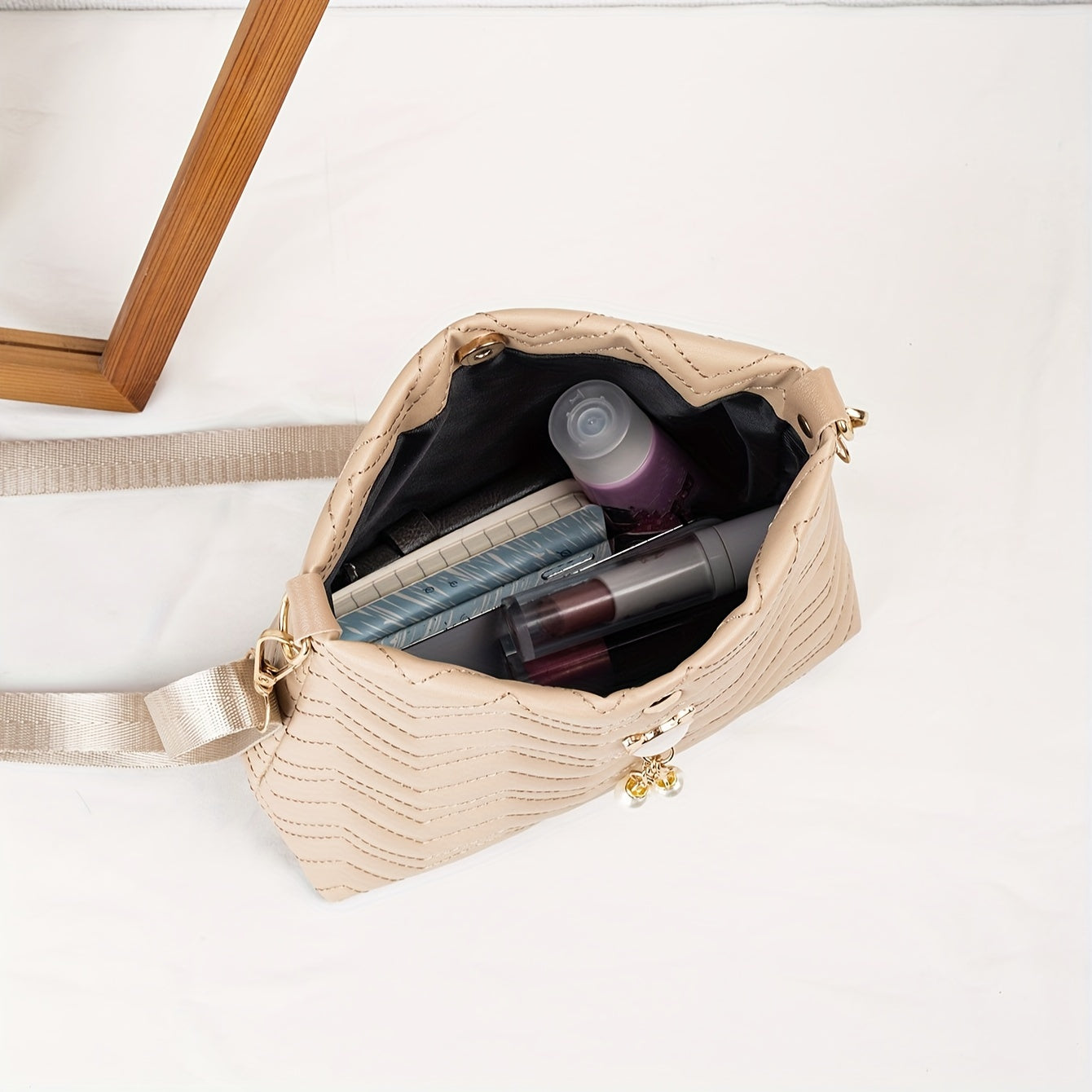 Quilted Crossbody Bag with Adjustable Strap Faux Pearl Embellishment Chevron Pattern in Khaki White Pink Black