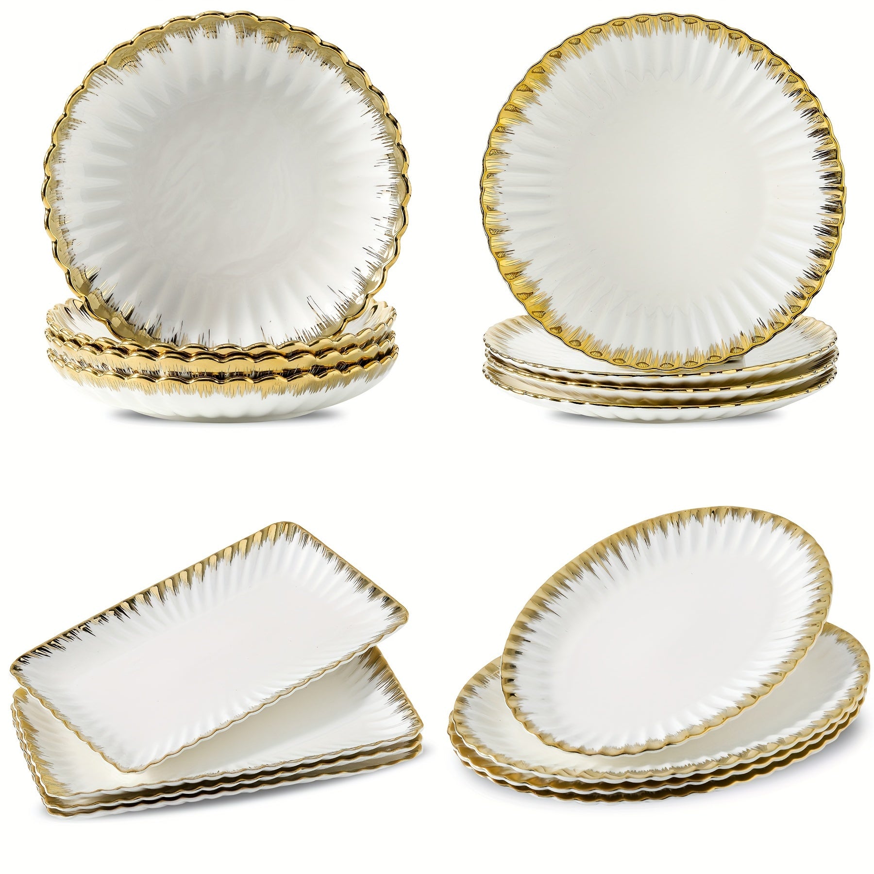 Set of 4 Ceramic Dinner Plates with Gold Rim for Pasta Salads and Desserts Dishwasher Safe Home and Restaurant Use