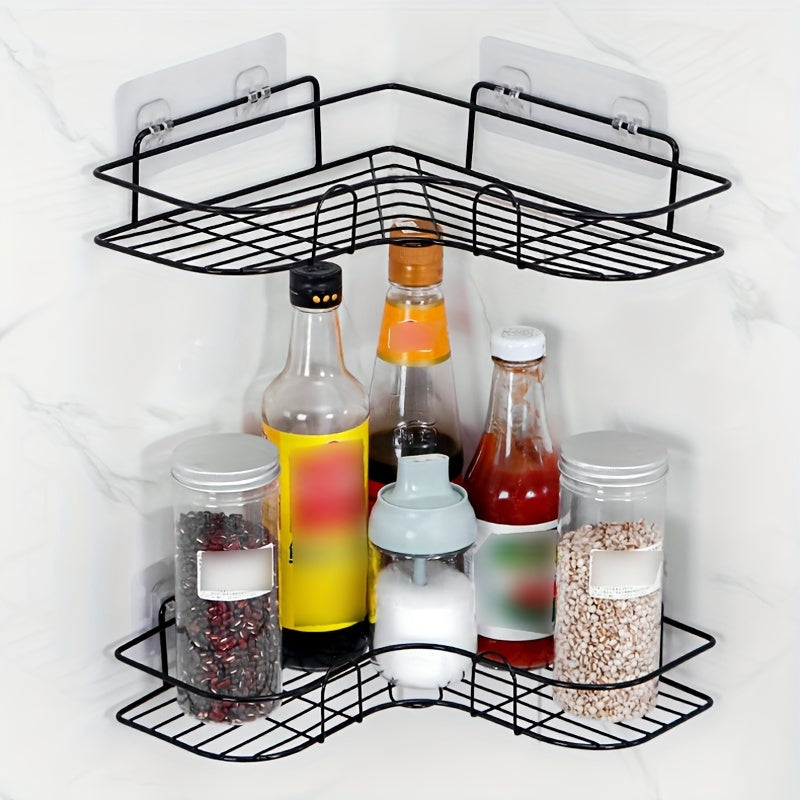Black Wall-Mounted Bathroom Storage Rack with Hooks and Adhesive