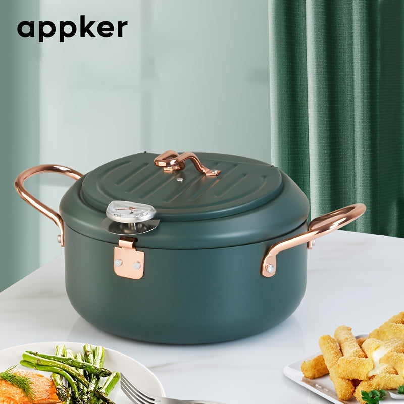 Deep Fryer with Thermometer Non-Stick Carbon Steel Large Green Pan Lid and Oil Drip Rack