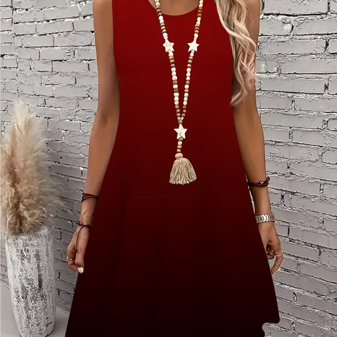 Plus Size Women's Burgundy Sleeveless Dress Stretchy Polyester Spandex Midi Casual