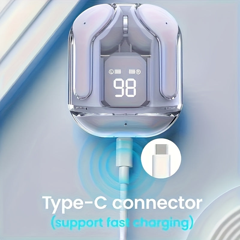 Simsiz quloq ichidagi naushniklar, shaffof dizayn, LED quvvat ko'rsatgichi, yuqori aniqlikdagi ovoz, uzoq muddatli batareya hayoti va qulay moslashuv. Transportda, sportda va har qanday holatlarda ideal. Mukammal.