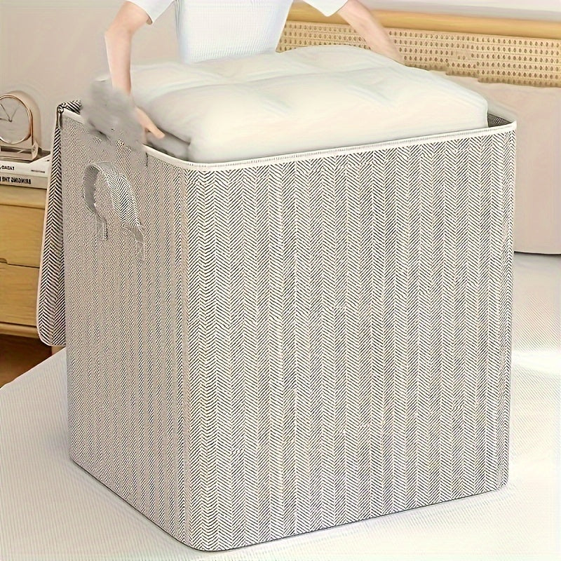 Large Fabric Storage Box with Lid Herringbone Pattern for Clothes and Bedding