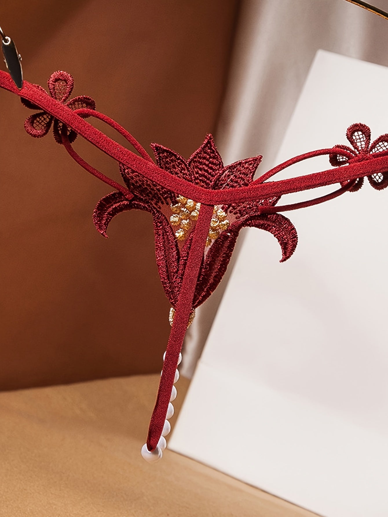 Beaded Floral Thong Panties Low Rise Breathable Polyester Lingerie