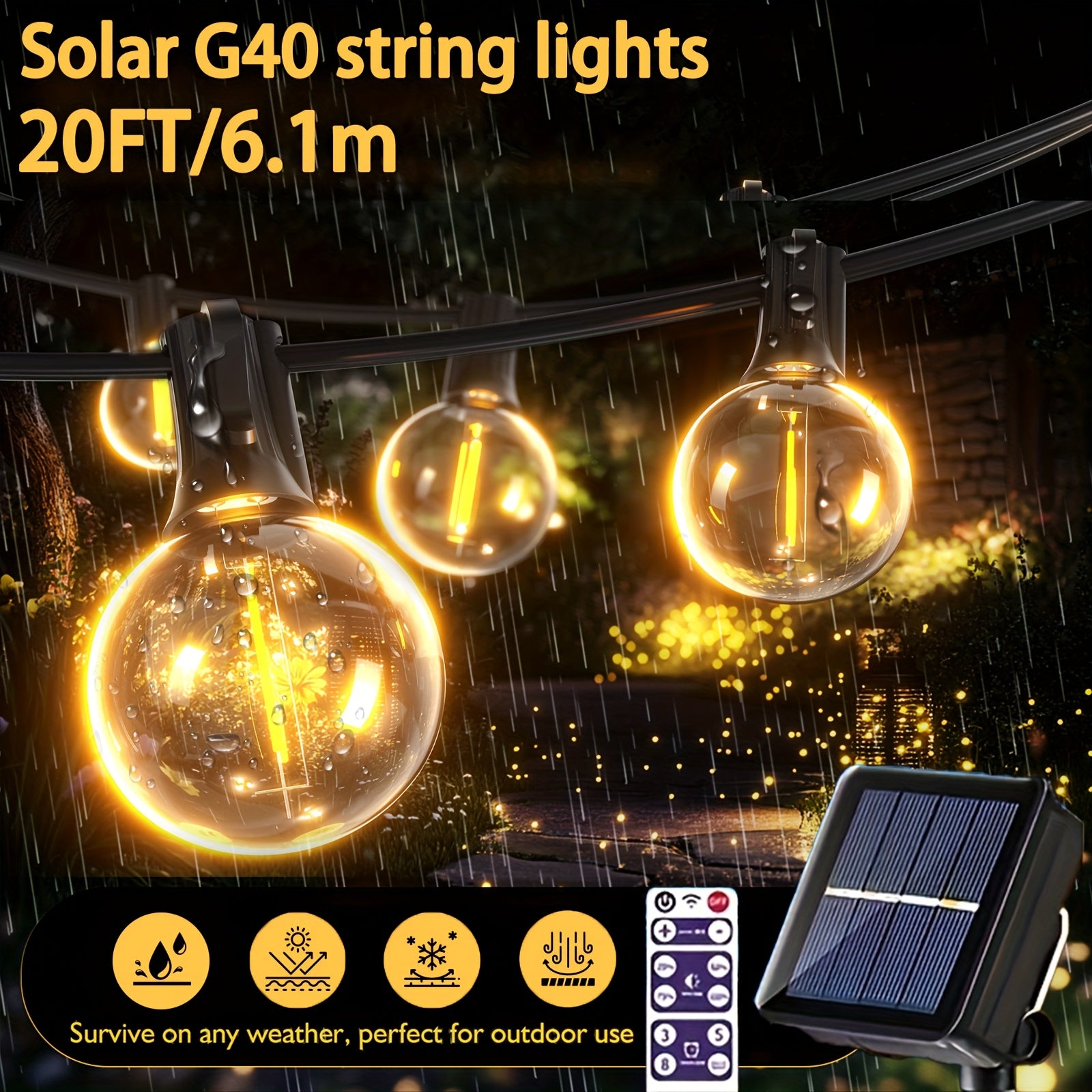 Remote bilan Solar G40 String Lights, LED Globe Patio Lights, Shatterproof Bulbs, Bir nechta yoritish rejimlari, Remote boshqaruv, Partiyalar uchun Dimmable Osilgan Chiroqlar, Tashqarida ishlash uchun Quyosh energiyali