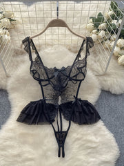 Кружевной вышитый боди с открытой передней для женщин, сексуальное пижамное белье