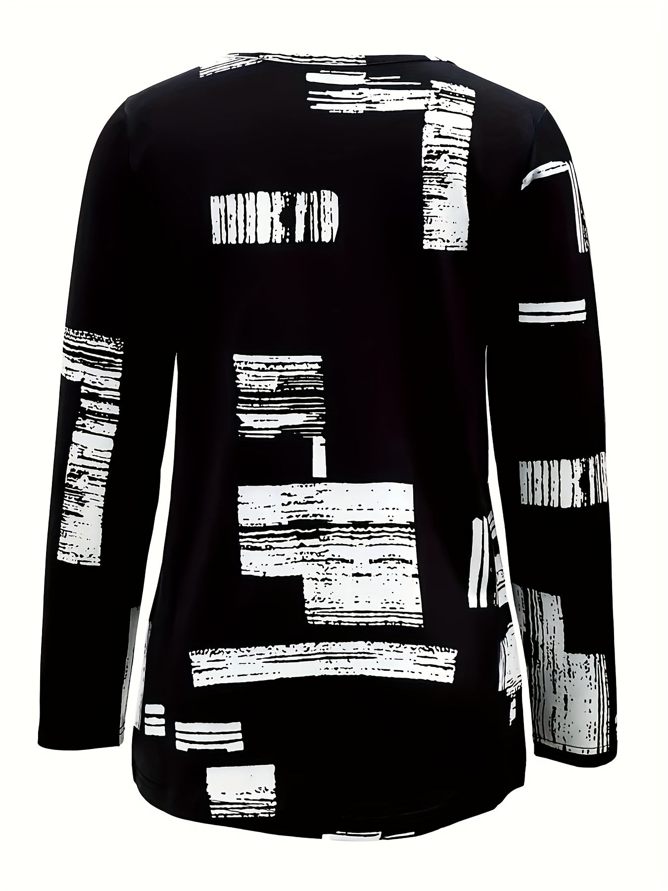 Women's Long Sleeve Polyester T-Shirt with Abstract Patchwork Print and Zipper Detail