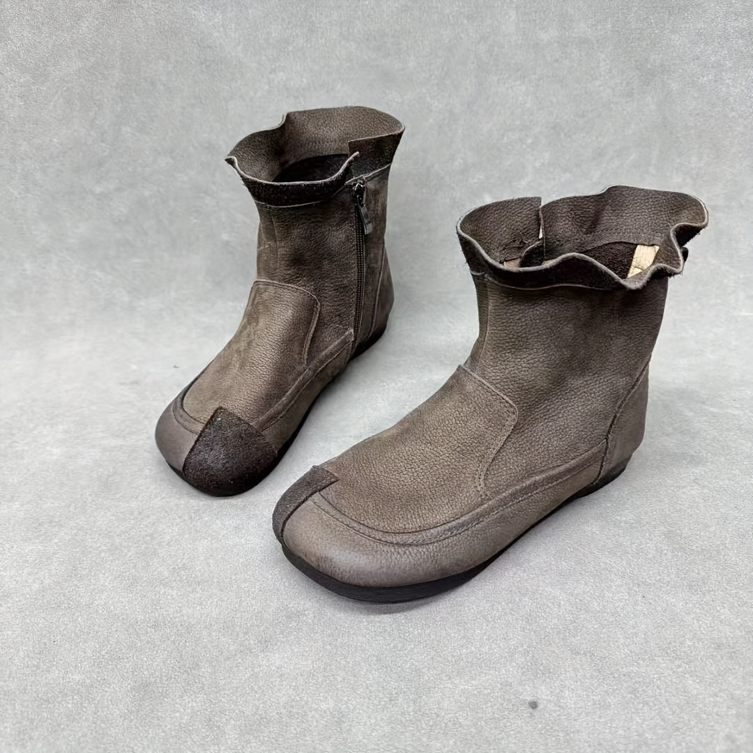 Women's Genuine Leather Mid-Calf Ankle Boots with Low Heel and Zipper