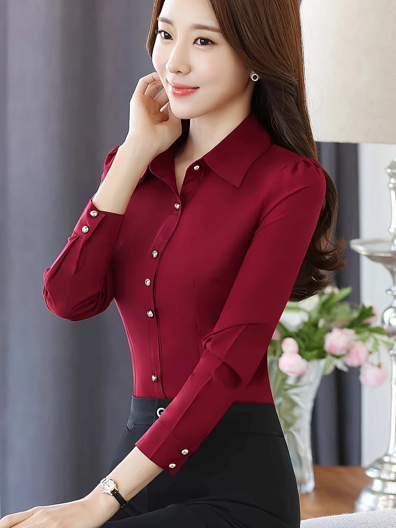 Women's Long Sleeve Blouse Solid Color Square Neck Single Breasted Regular Fit Casual Wear