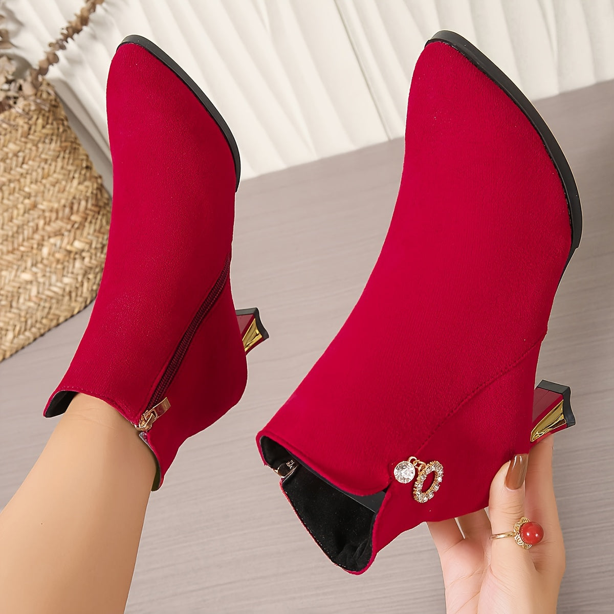 Women's Rhinestone Decor Block Heeled Boots Pointed Toe Side Zipper Short Boots