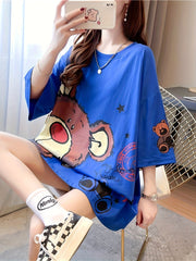 Plus Size Women's Casual T-Shirt with Cartoon Bear Print Polyester Blend Short Sleeve Spring Summer