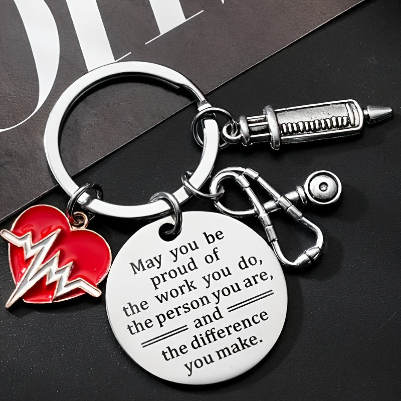 Juego de 12 llaveros de acero inoxidable para agradecer a enfermeros con dijes de latido de ECG, jeringa y estetoscopio