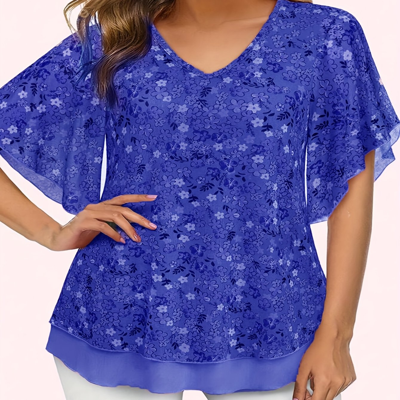 Plus-Size Floral Mesh V-Neck Shirt for Curvy Women Flutter Sleeves