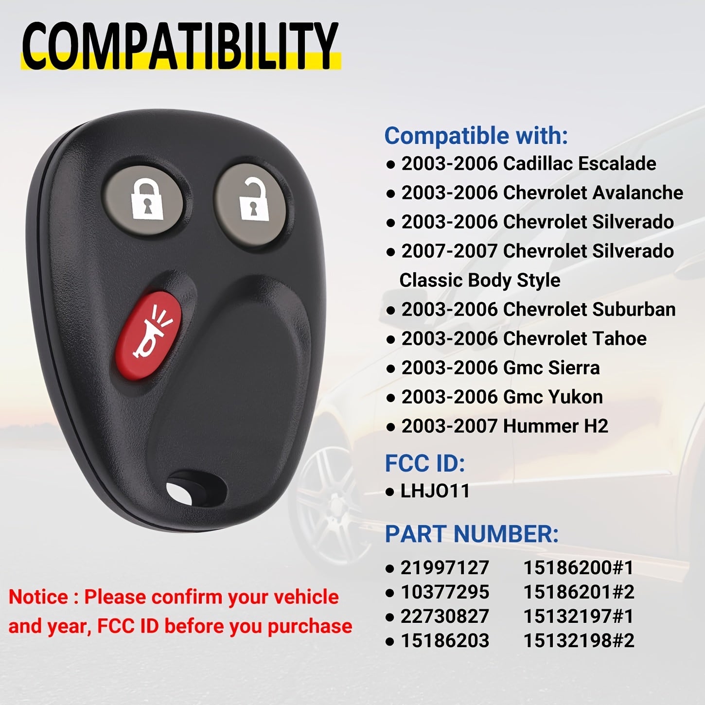 Keyless Remote Fob for Chevy Silverado Tahoe GMC Yukon Escalade Model LHJ011